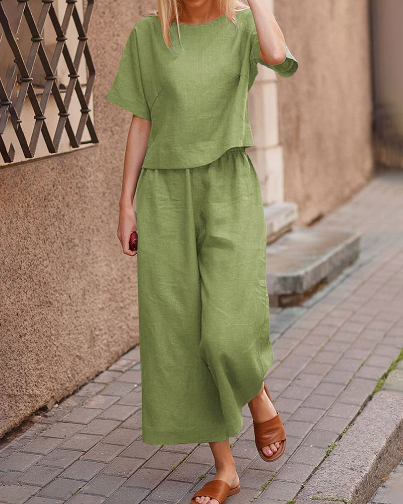 Green linen two-piece set for women, casual outfit with short sleeves and wide leg pants