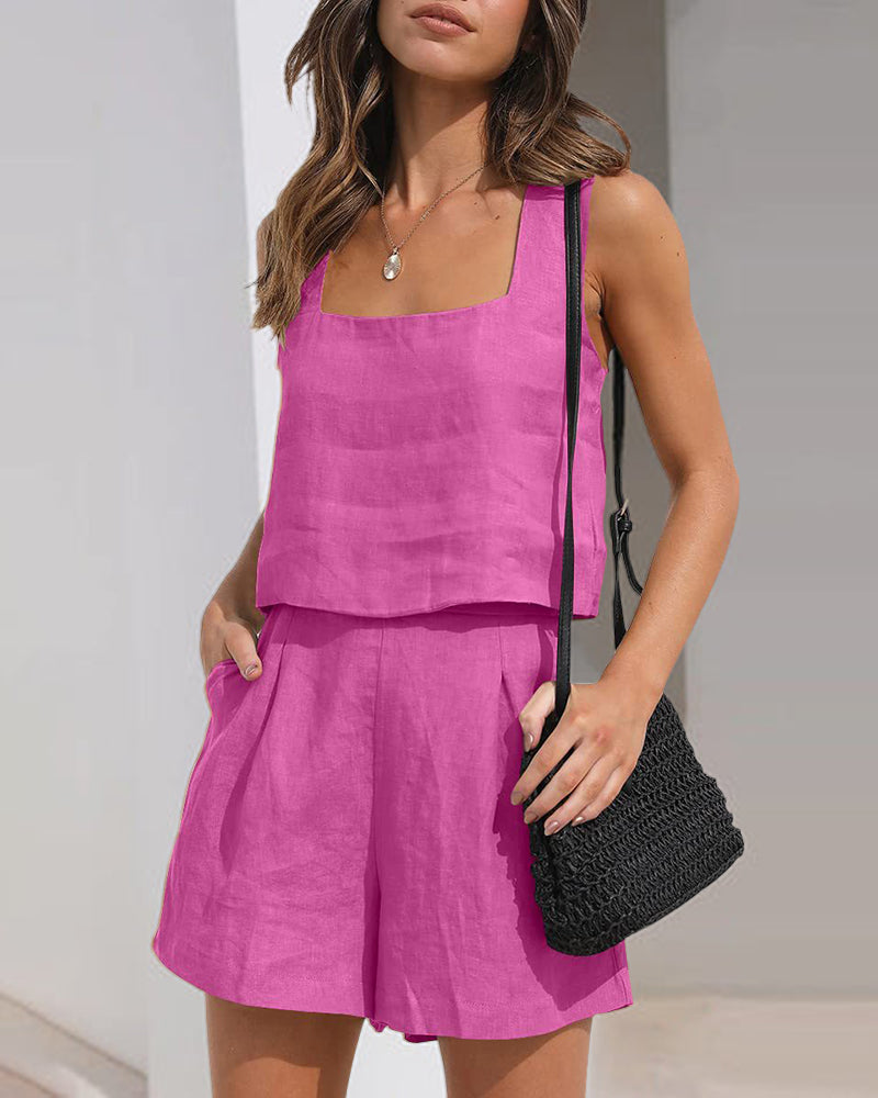 Pink linen crop top and shorts set. Square neck tank and high-waisted shorts. Casual summer outfit.