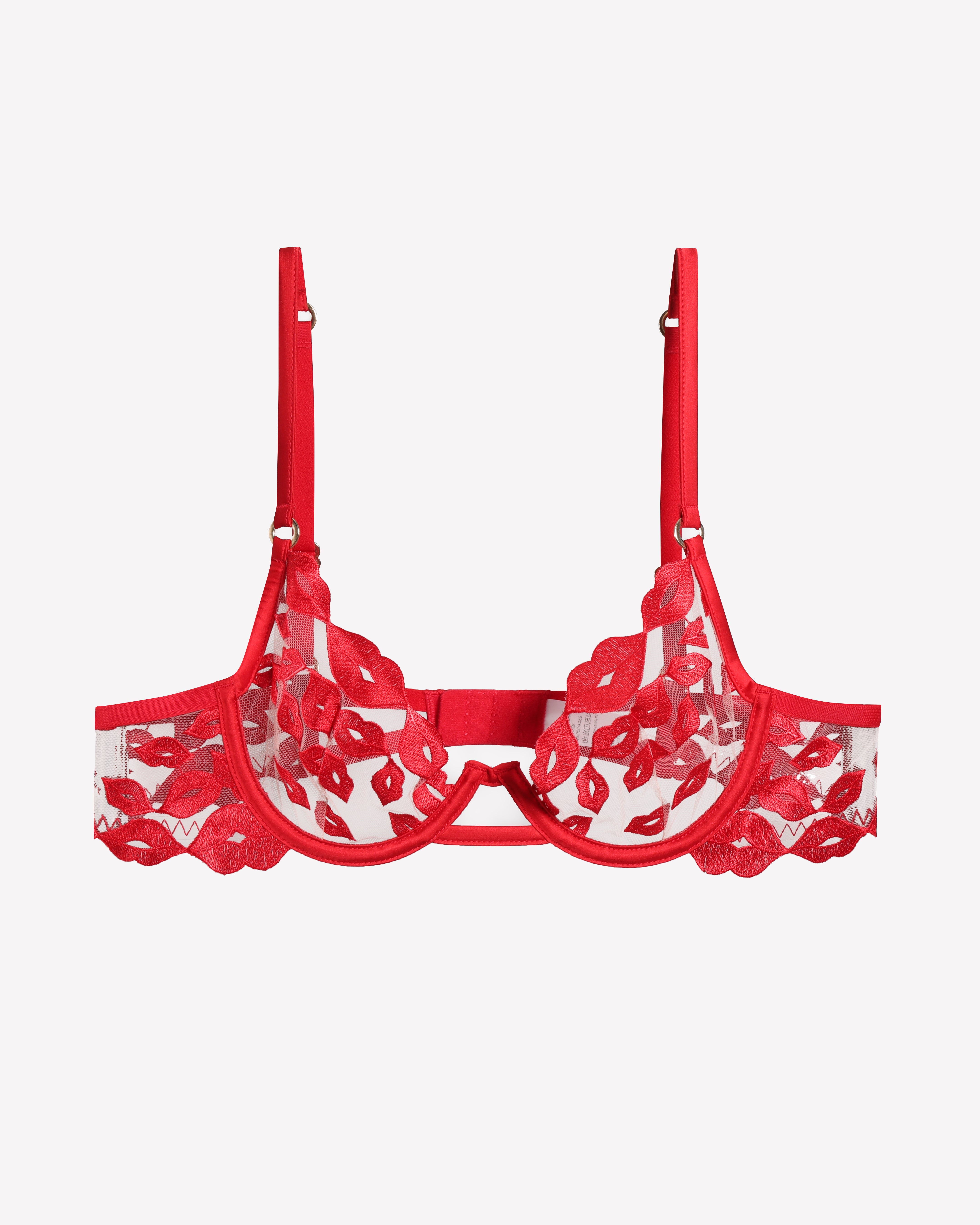 Red Kiss Print Embroidery Bra with adjustable straps and underwire support