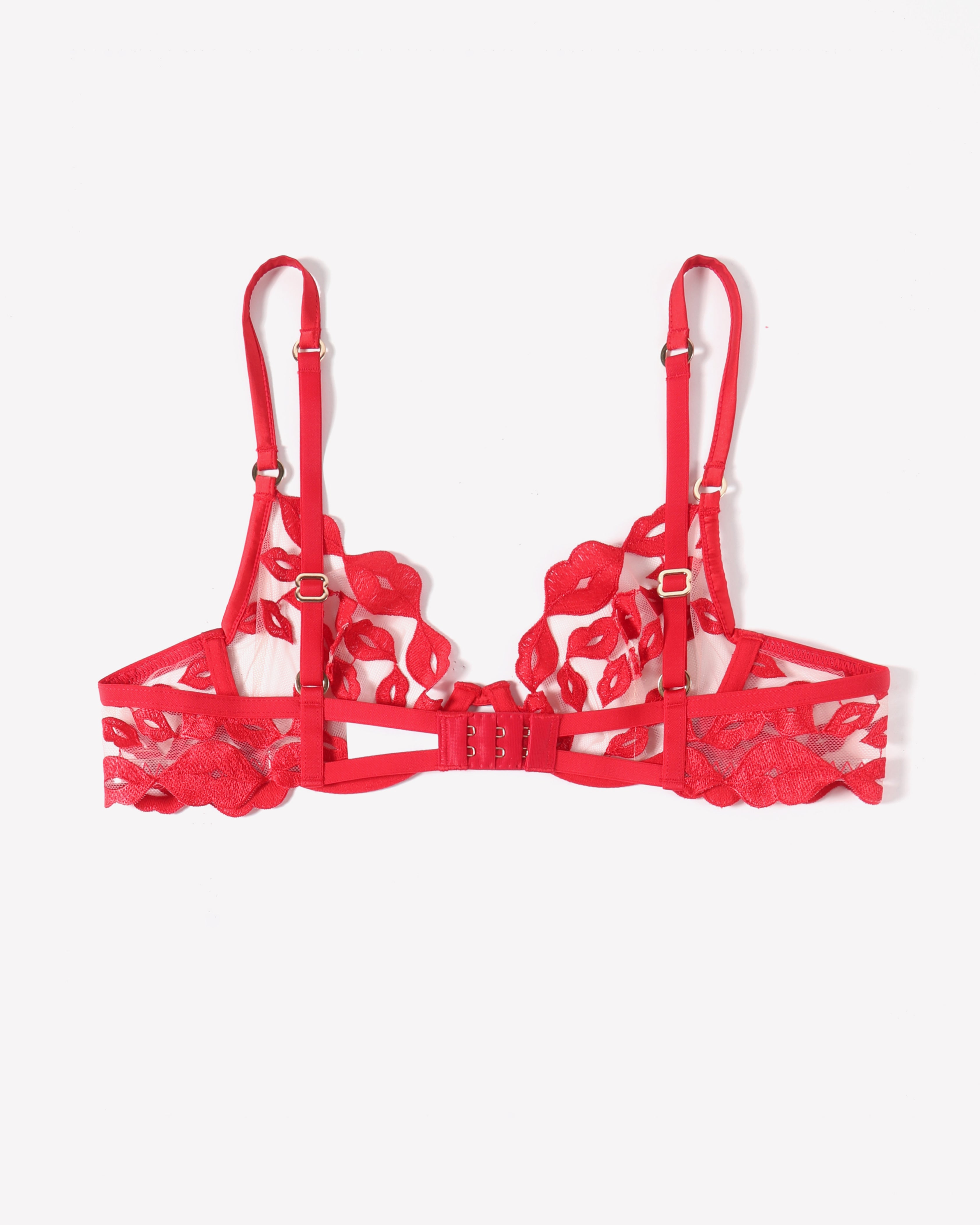 Red Kiss Print Embroidery Bra with adjustable straps and underwire support, sexy lingerie