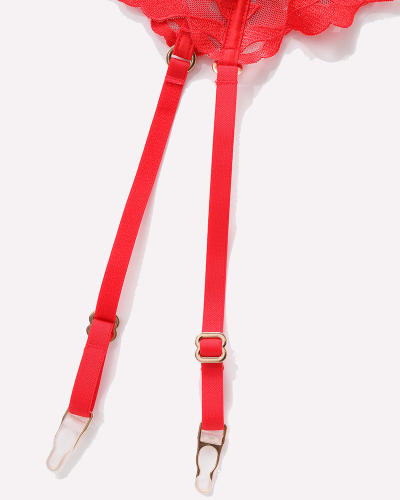 Red Kiss Print Embroidery Lingerie Set garter belt with adjustable straps and gold hardware
