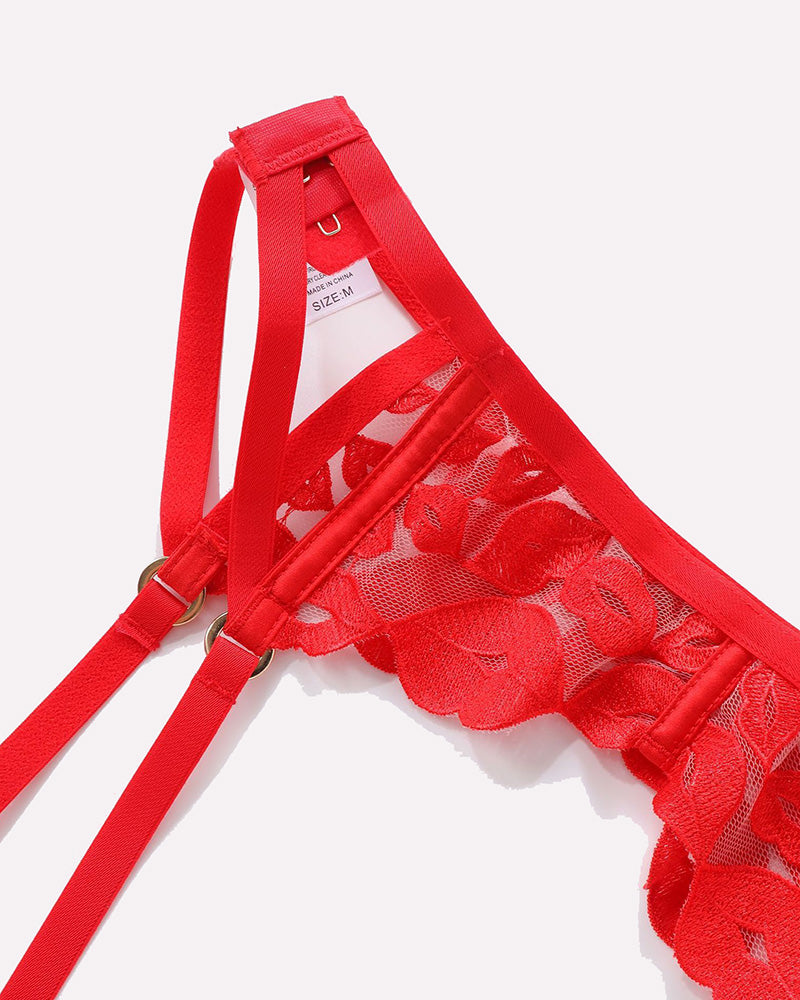 Red Kiss Print Embroidery Lingerie Bra with Adjustable Straps, See-through Design