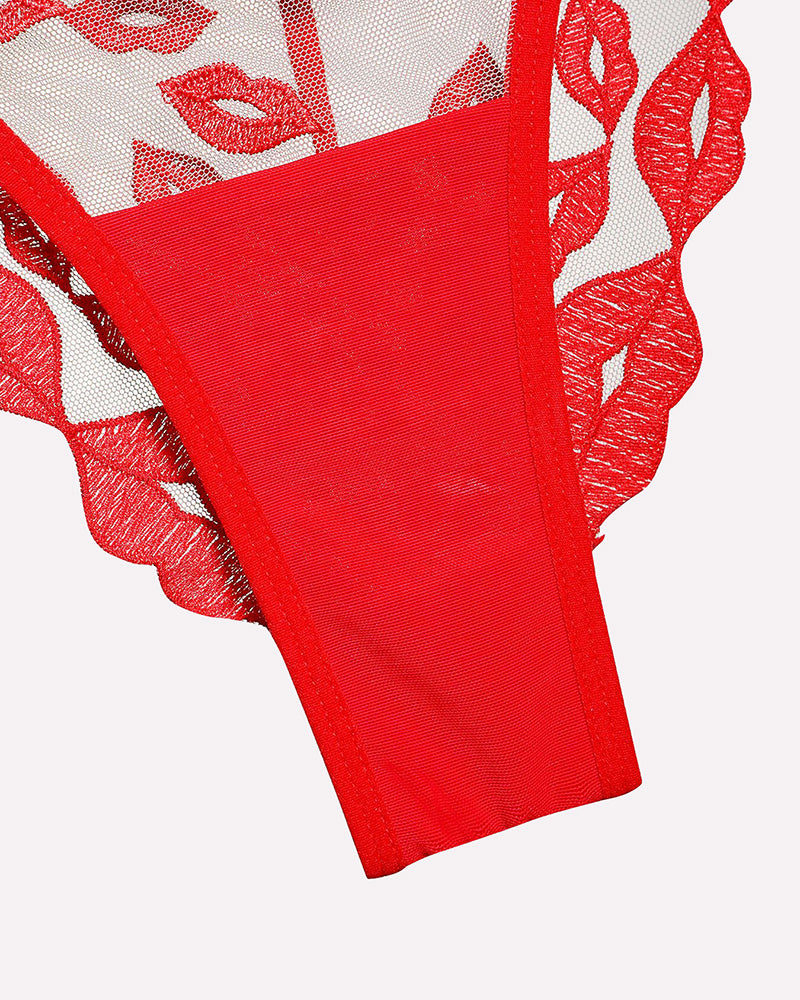 Red Kiss Print Embroidery Lingerie Thong, see-through design with adjustable straps