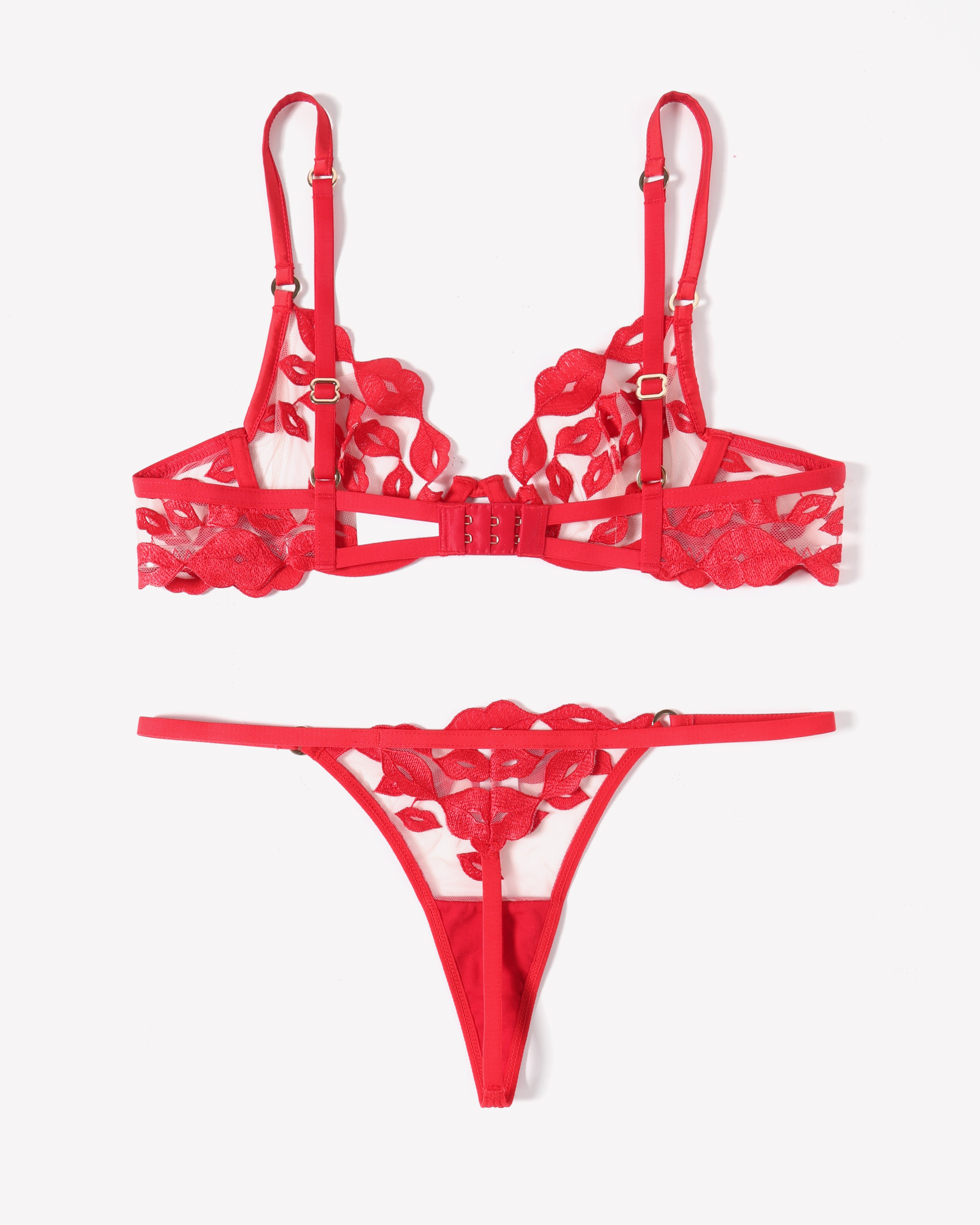 Red kiss print lingerie set - Sexy, comfortable, and breathable design with adjustable straps.