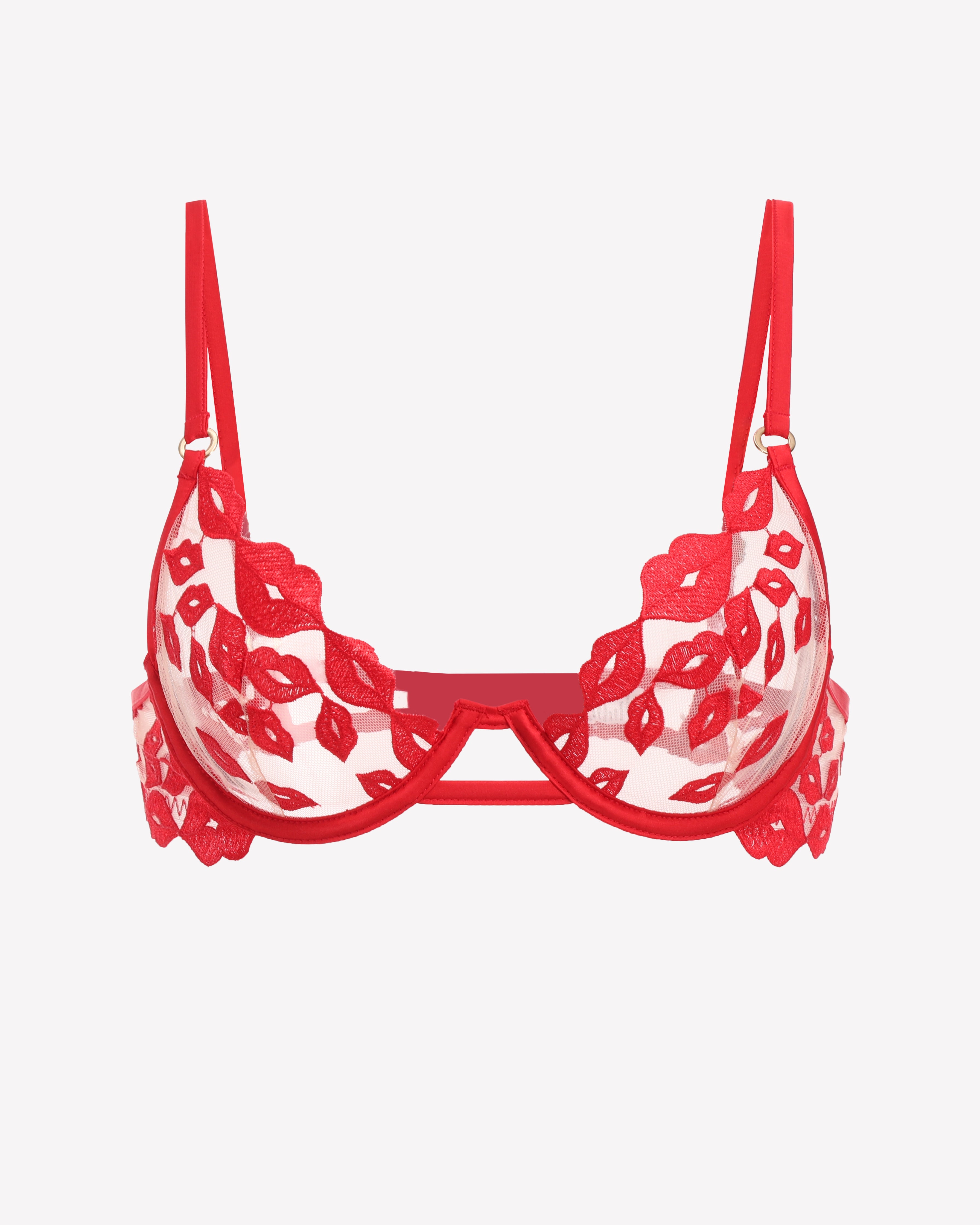 Red Kiss Print Embroidery bra with adjustable straps and embroidered lips