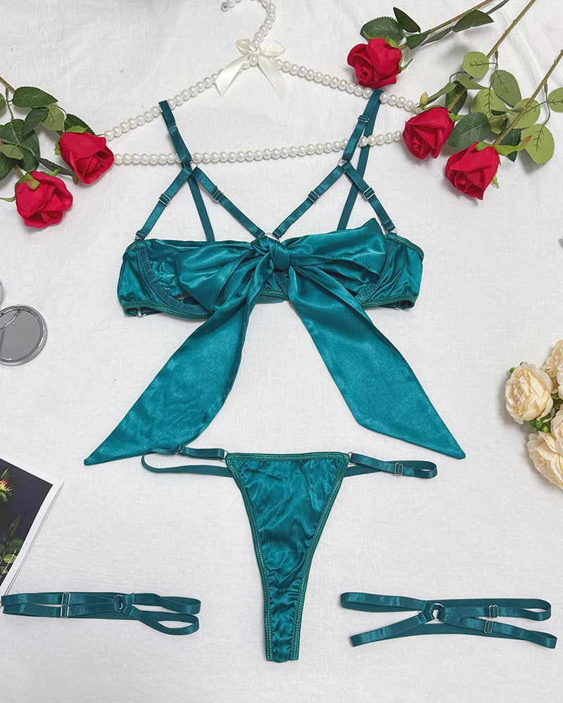 Teal satin strappy garter bow lingerie set, elegant design for confidence and allure