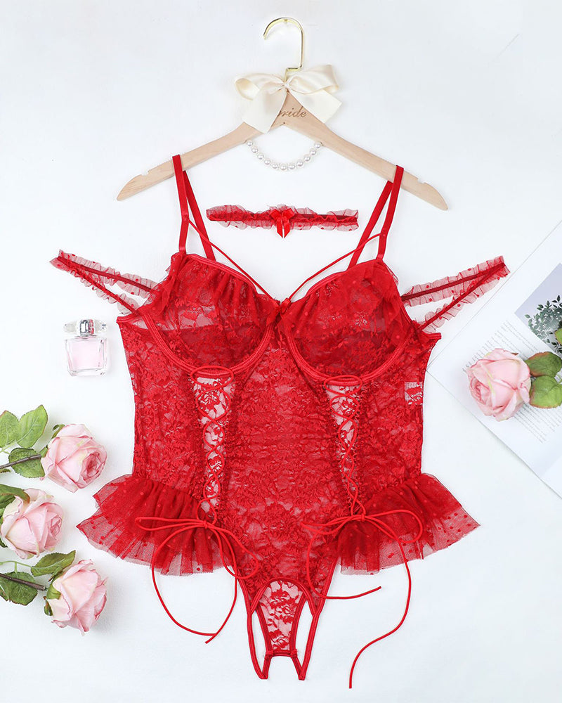 Red lace bodysuit with adjustable straps, floral lace cups, and lace-up detail, plus size lingerie