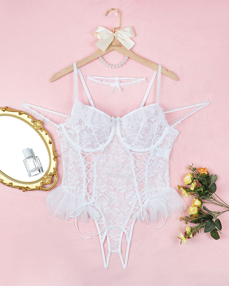 White lace bodysuit with floral lace cups and adjustable straps, bridal lingerie