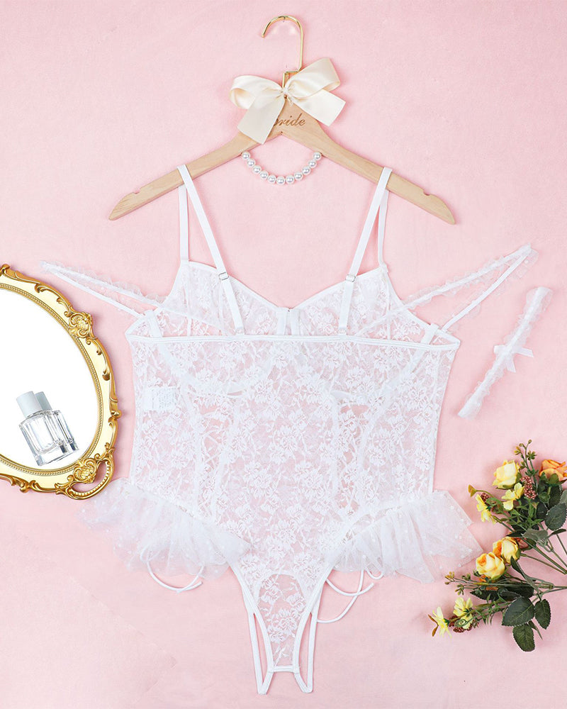 White lace bridal bodysuit, floral lace cups, adjustable straps, bridal lingerie