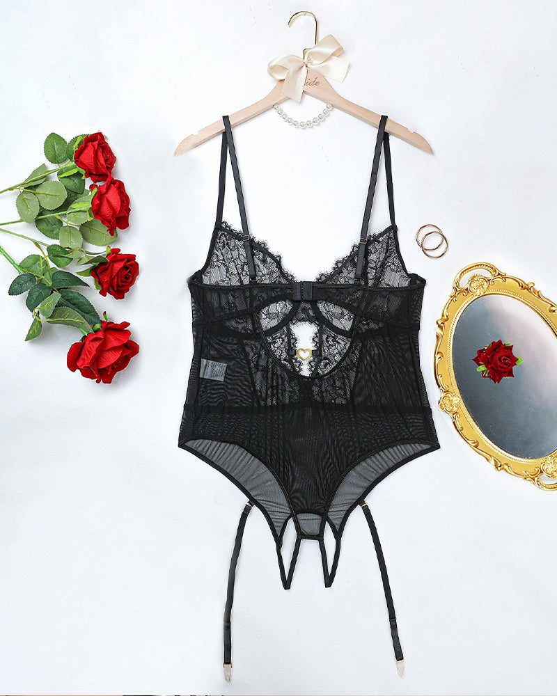 Plus Size Black Floral Lace Bodysuit Set with Adjustable Straps and Garter Straps, Elegant Lingerie