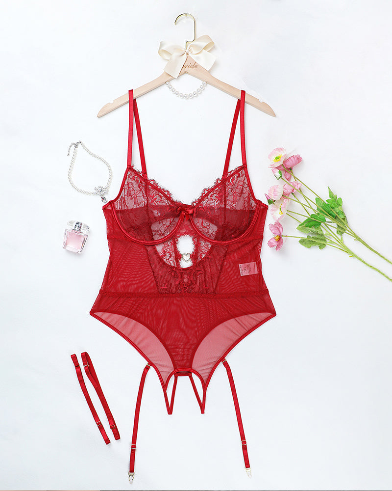 Red floral lace bodysuit set with adjustable straps and underwire. Sexy lingerie for women.