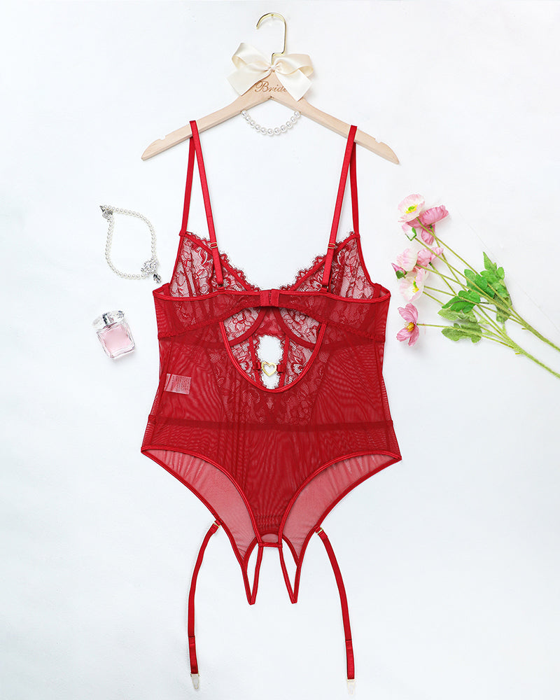 Red floral lace bodysuit set with adjustable straps, elegant lingerie for women, bridal lingerie