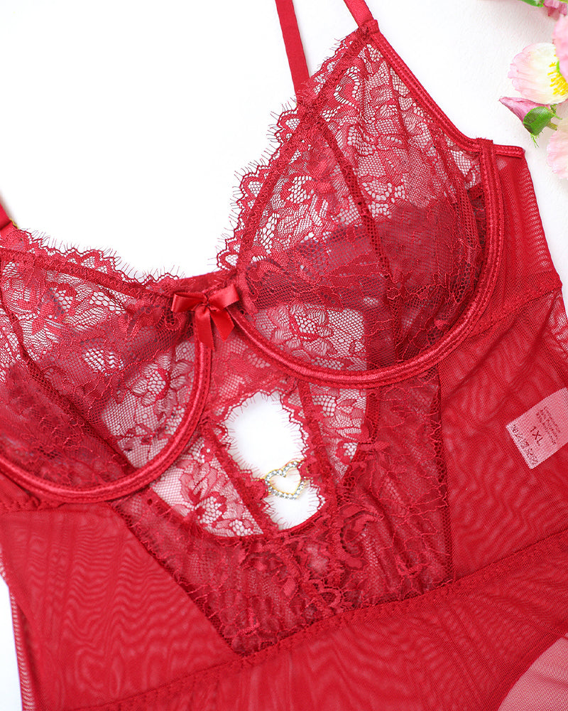 Red floral lace bodysuit set with adjustable straps, elegant lingerie for women