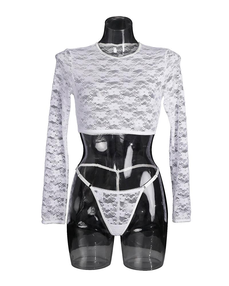White lace long sleeve crop top and thong set, delicate floral lace, sweet and seductive lingerie