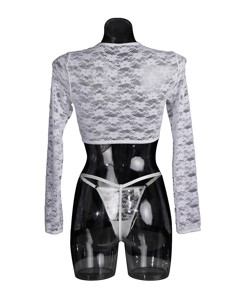 White lace lingerie set: long sleeve crop top and thong, delicate floral lace details, soft texture