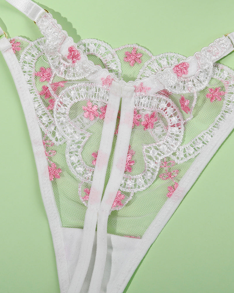 White embroidered heart lace lingerie bottom, pink floral details, adjustable, sweet and seductive