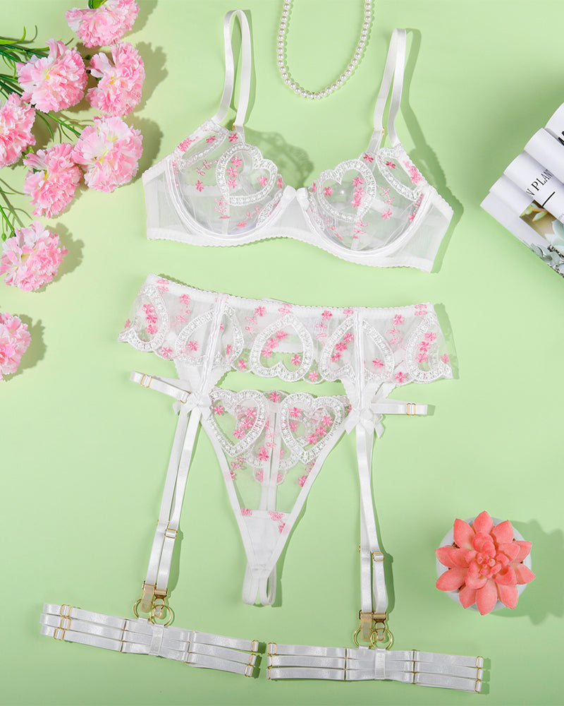 White embroidered lace heart shape lingerie set, adjustable straps, sweet and seductive