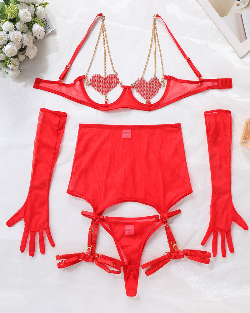 Red heart chain lingerie set. Bra, skirt, gloves, and garter belt. Enhance your confidence.