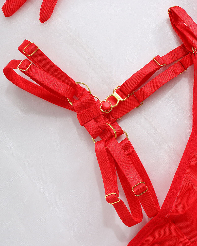 Red Love Heart Chain Mesh bra straps with gold hardware, part of a lingerie set