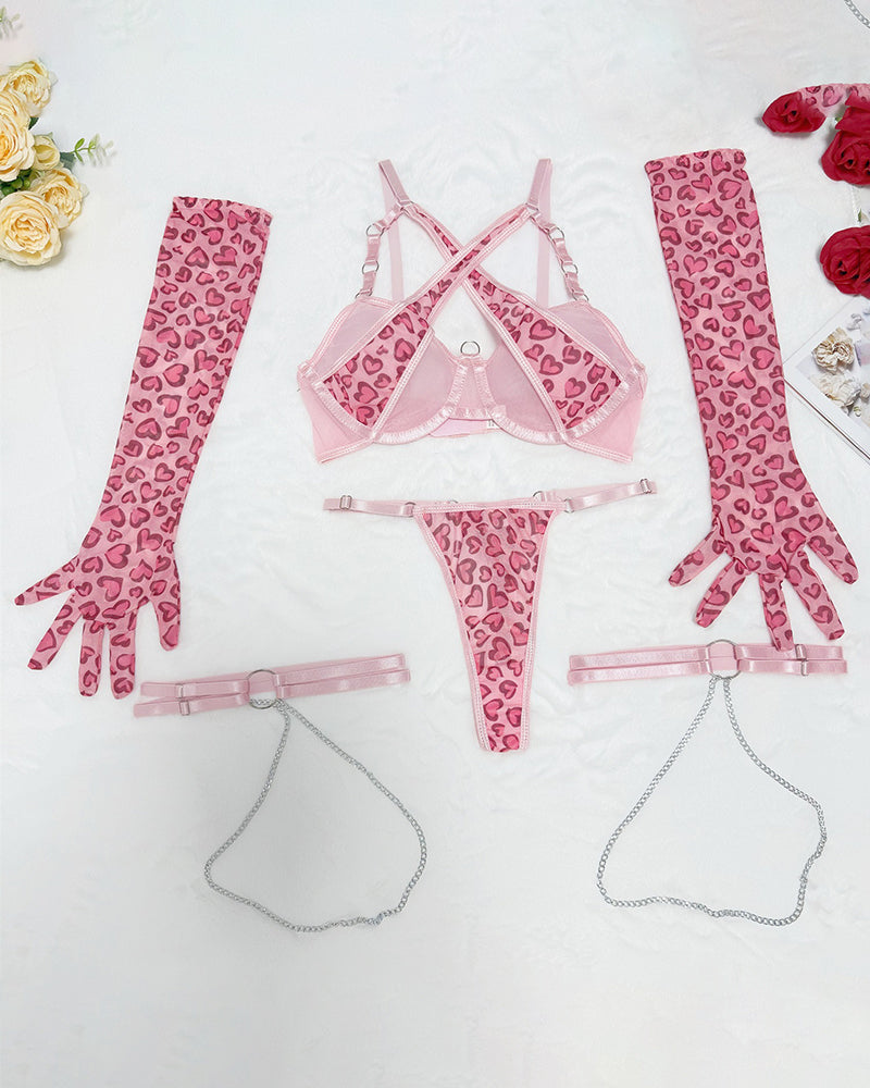 Pink leopard heart lingerie set with garter and gloves, ideal for romantic events
