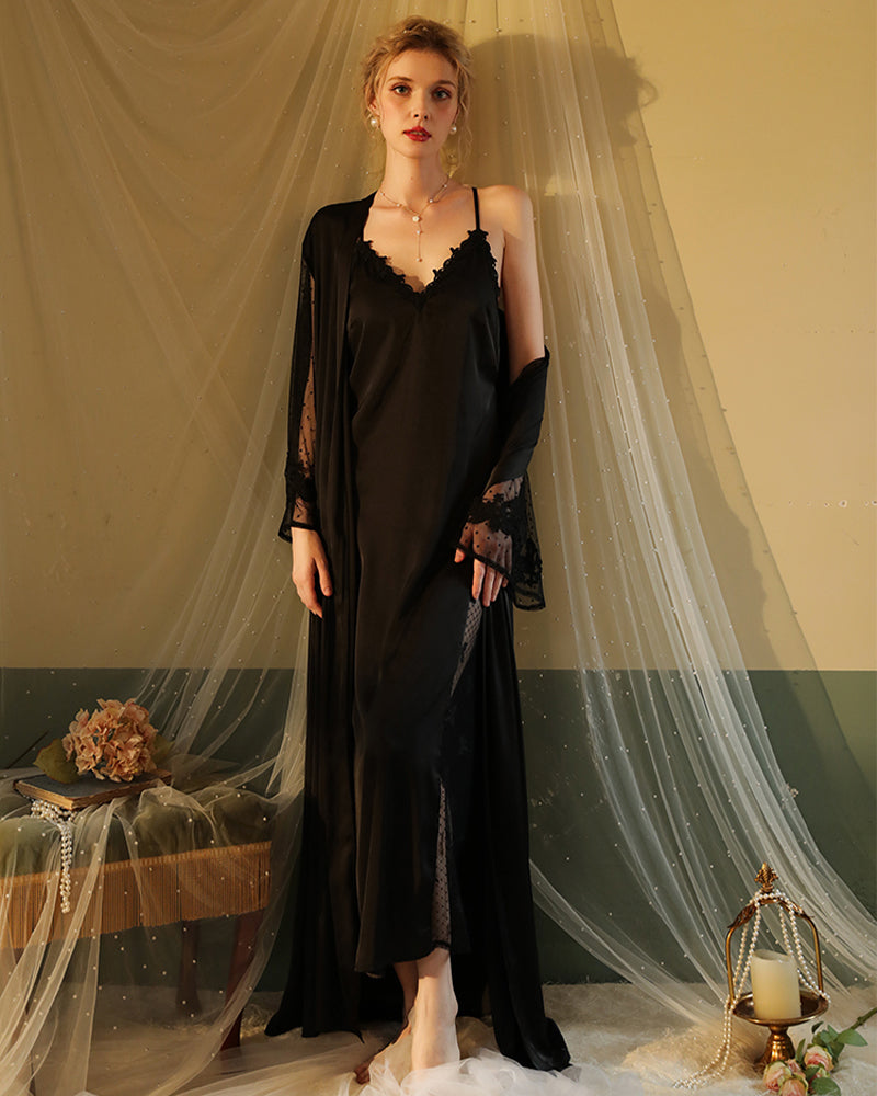 Black satin night robe and slip dress set with lace details, perfect for relaxing evenings