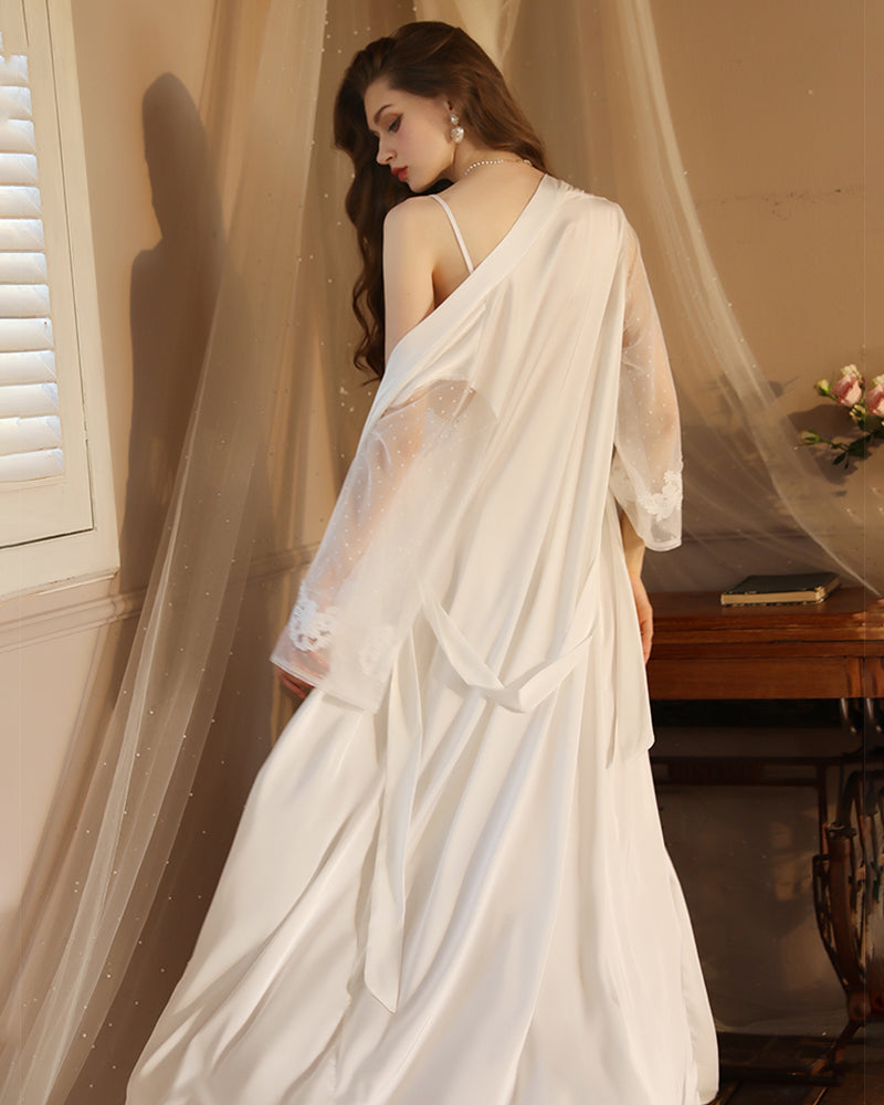 White satin night robe with lace sleeves, ideal for relaxing evenings, silky smooth material