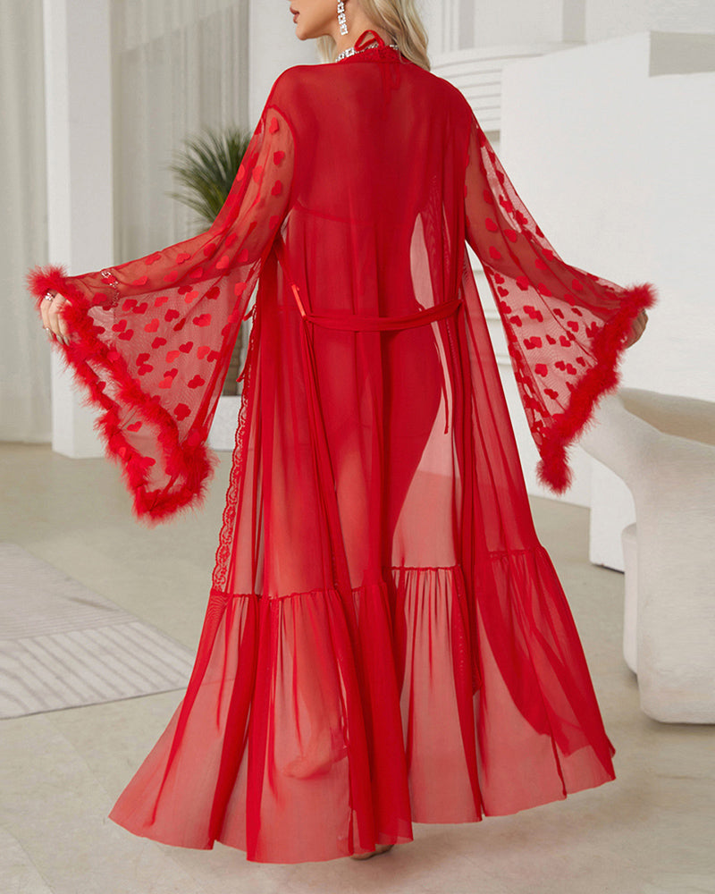 Red sheer nightgown with heart pattern, feather trim, belted waist. Sexy lingerie.