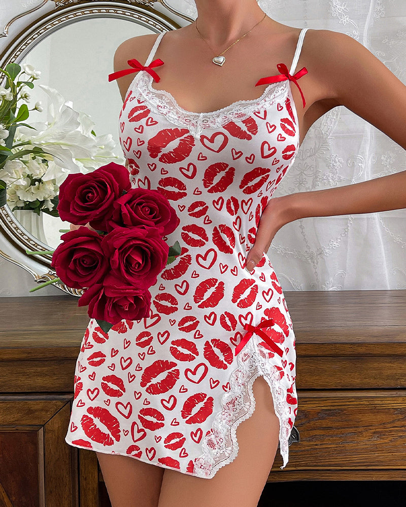 Red lip heart print chemise, white with lace trim and bows. Sexy and romantic lingerie for women.