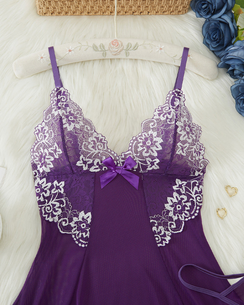 Purple lace asymmetric babydoll lingerie set with low-rise thong, elegant and sensual design