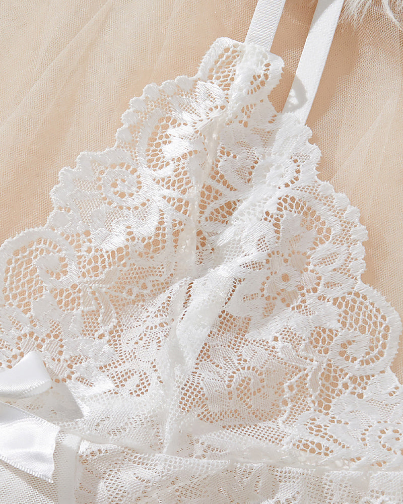 White lace babydoll lingerie with contrast lace and low-rise thong, sensual design