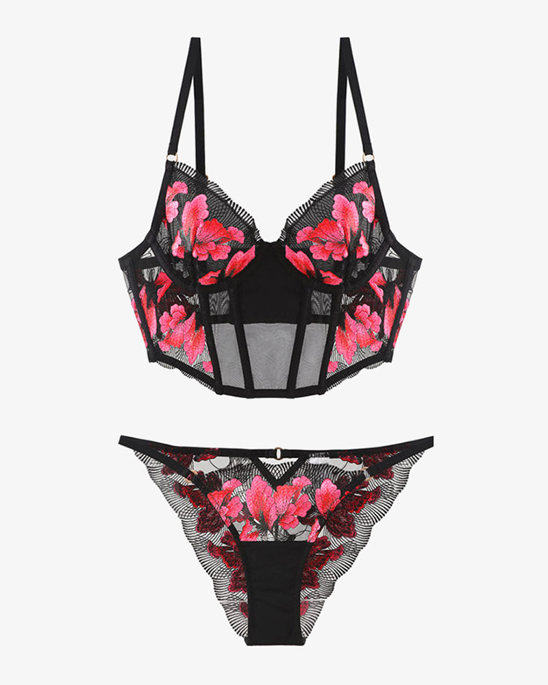 Black embroidered corset bra and panty set with pink floral details, sweet yet seductive lingerie