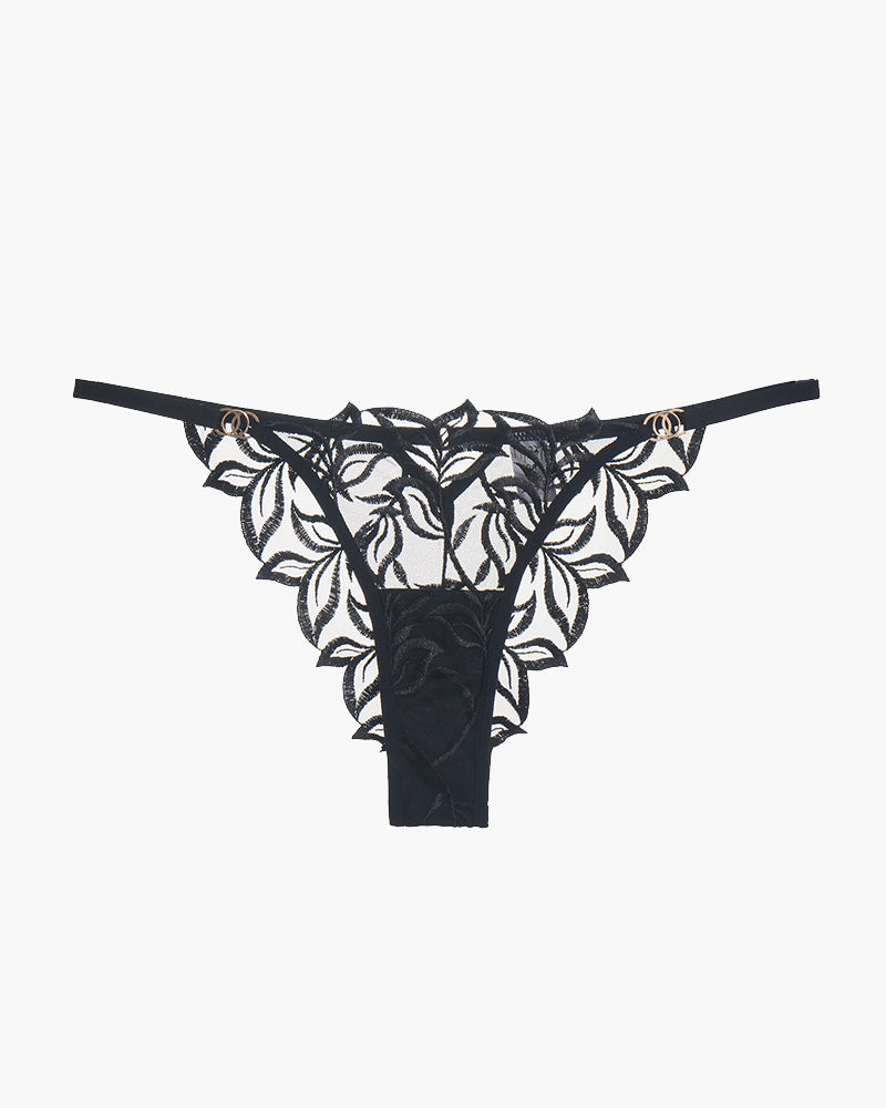 Black embroidered lace thong panty with floral design, sweet and seductive lingerie