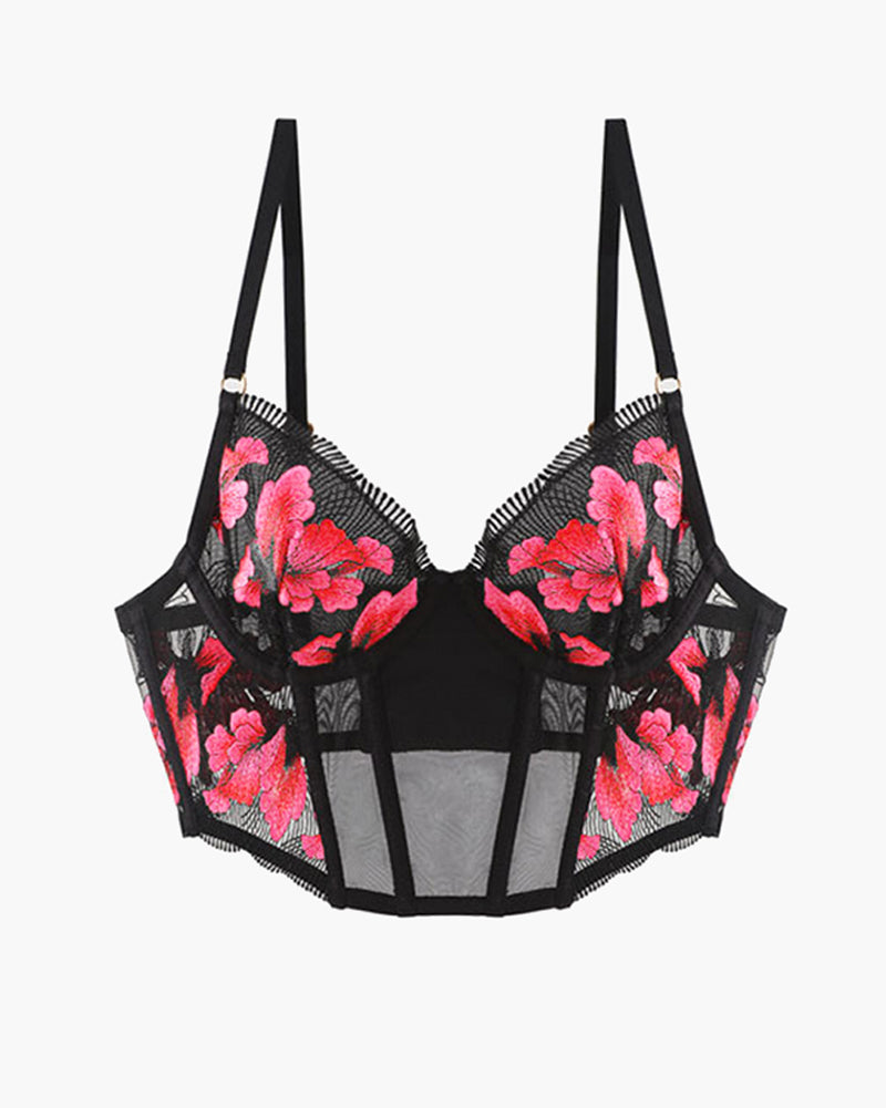 Embroidered corset bra with pink floral lace, adjustable straps and underwire support