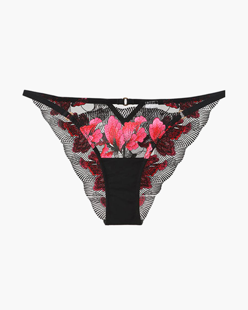 Black Embroidered Maple Leaf Panty with floral design, sweet and seductive lingerie