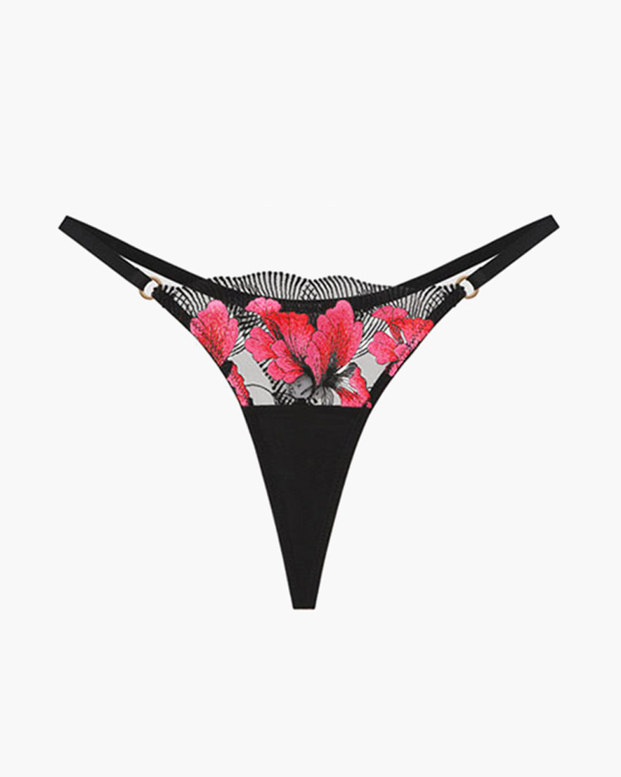 Embroidered Maple Leaf Thong in black with floral lace details, sweet yet seductive lingerie