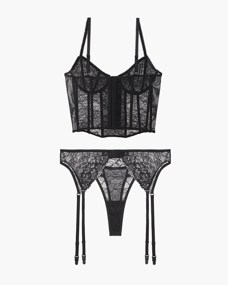 Black lace push-up corset bra and panty set with garter straps, sweet and seductive lingerie