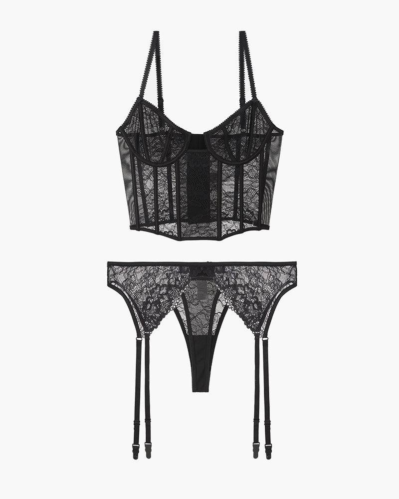 Black lace push-up corset bra and panty set, sweet and seductive lingerie with garter straps