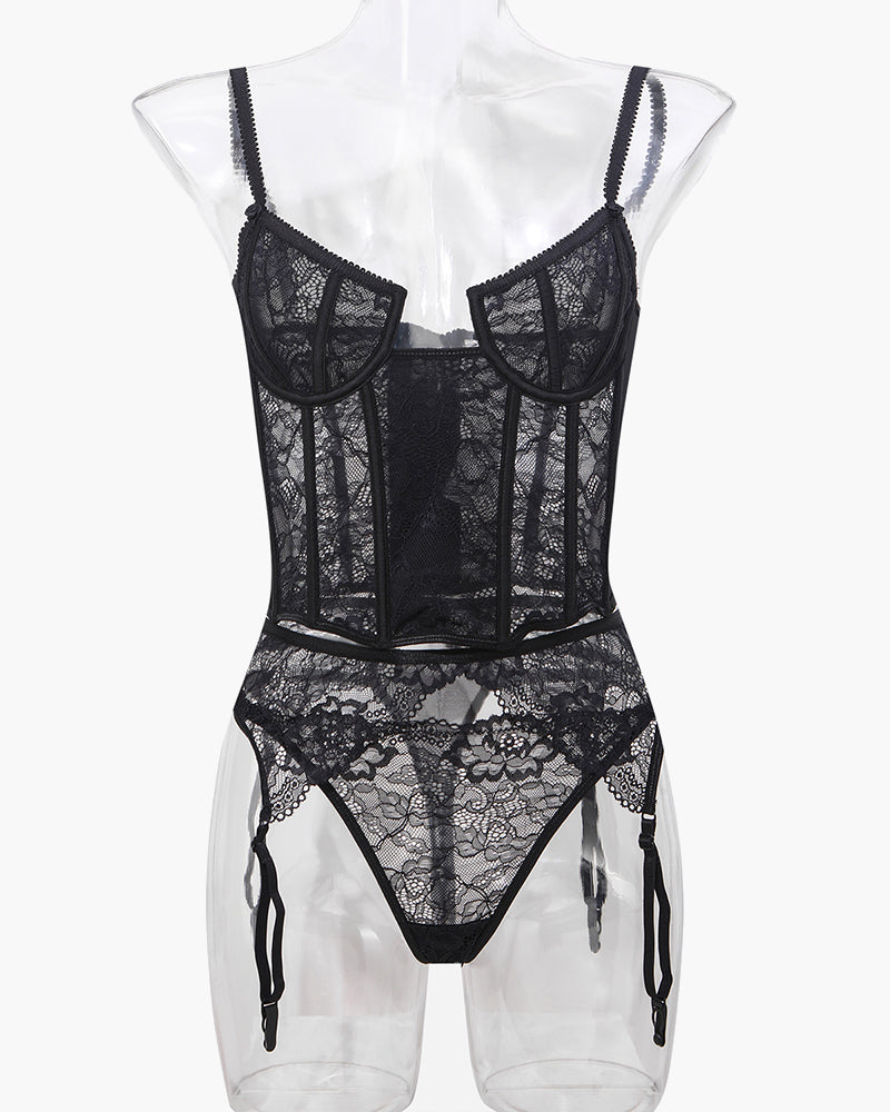 Black lace push-up corset bra and panty set with adjustable straps and delicate lace details