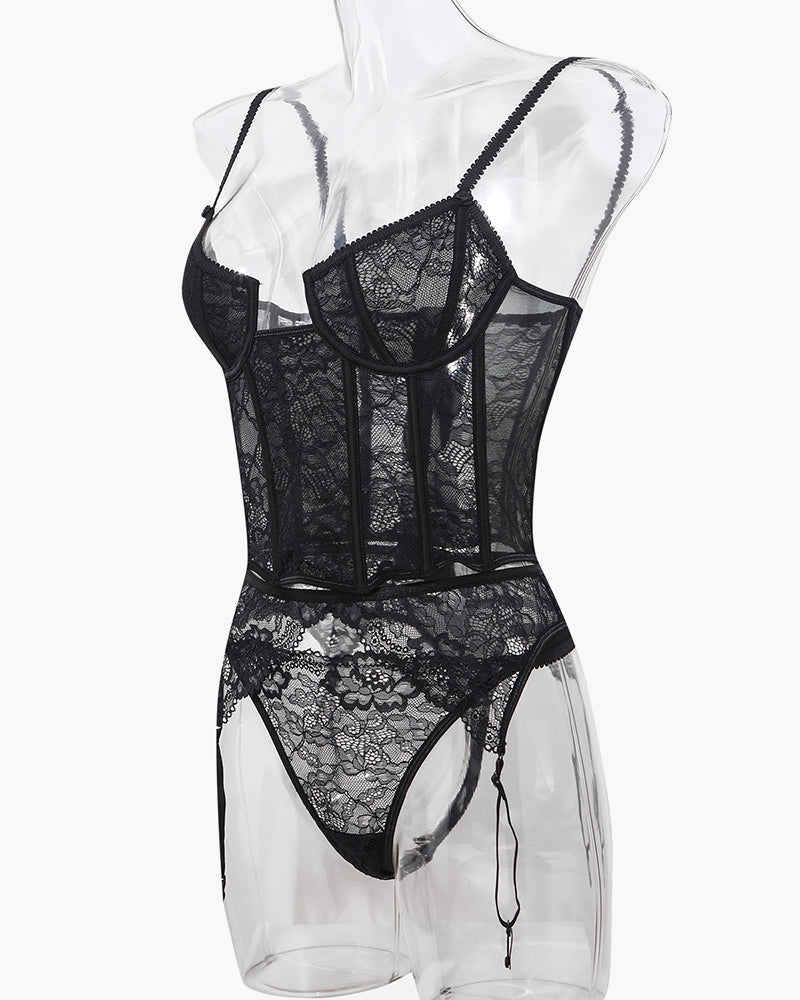 Black lace push-up corset bra and panty set with adjustable straps and delicate lace details.