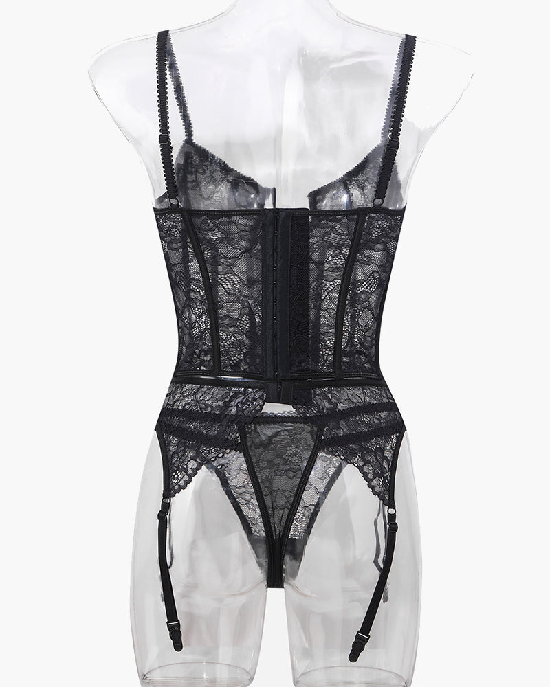 Black lace push-up corset bra and panty set with delicate lace details and adjustable straps.