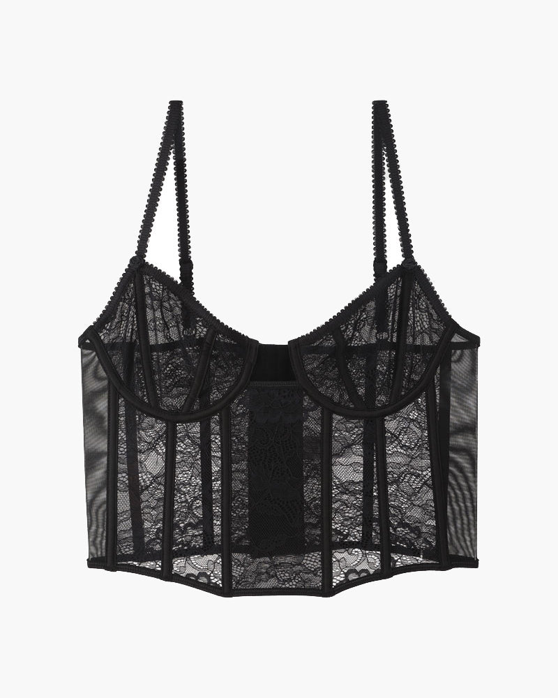 Black lace push-up corset bra with adjustable straps, sweet and seductive lingerie