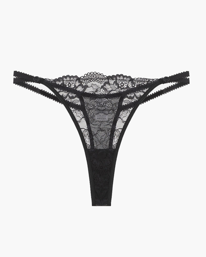 Black lace thong panty with delicate lace details, sweet and seductive lingerie for women