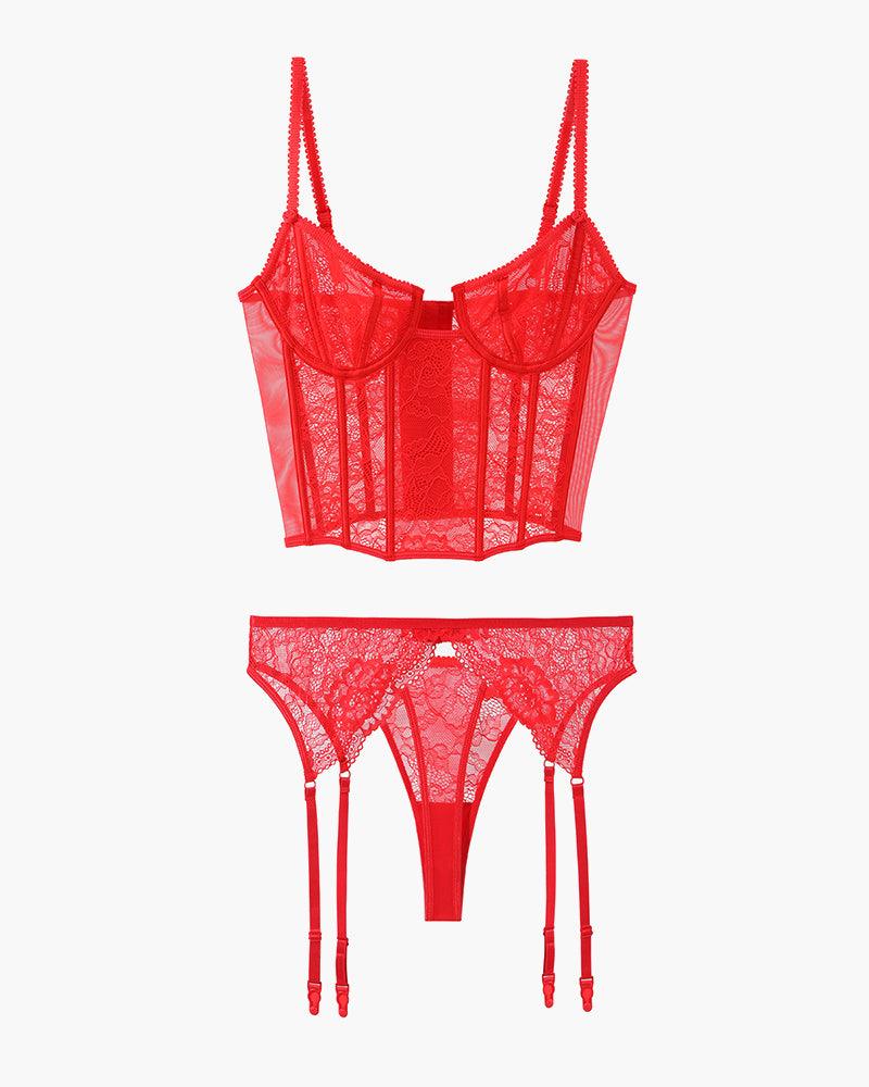 Red lace push-up corset bra and panty set, sweet yet seductive lingerie for women