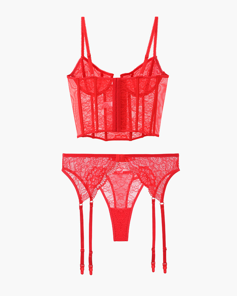 Red lace push-up corset bra and panty set, sweet and seductive lingerie for women