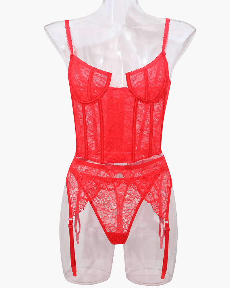 Red lace push-up corset bra and panty set with adjustable straps and delicate lace details.