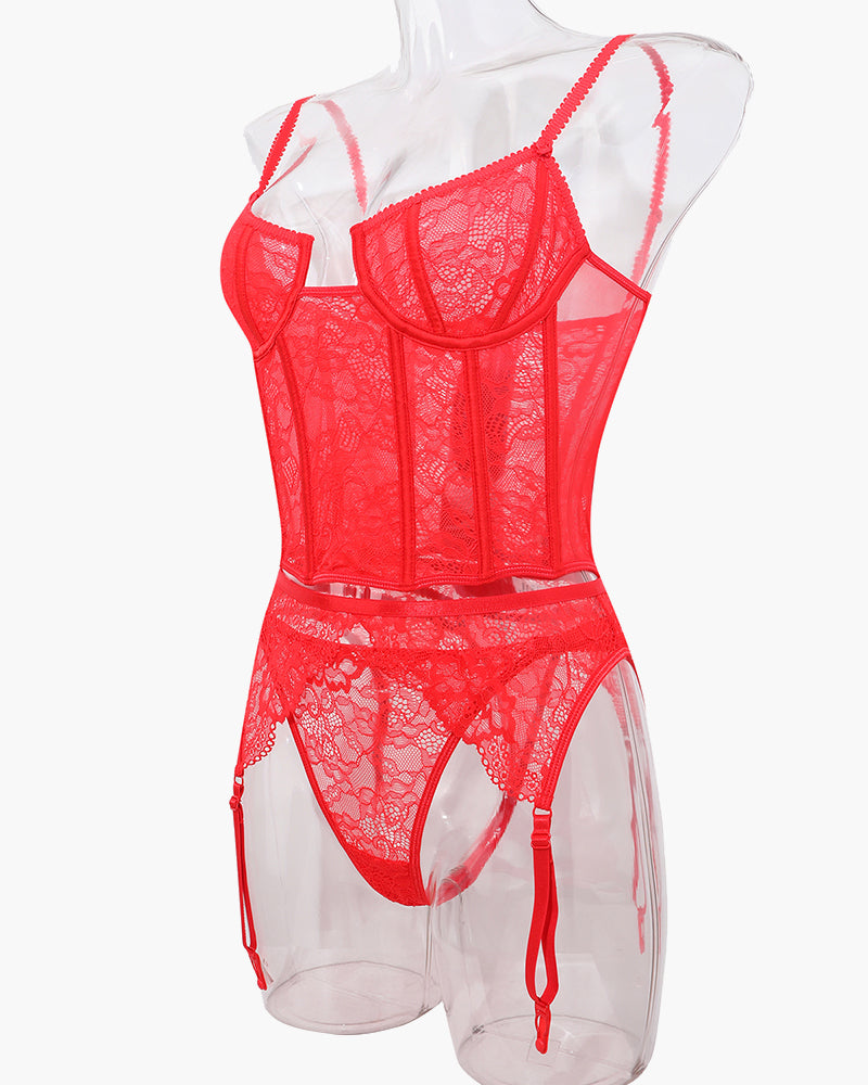 Red lace push-up corset bra and panty set with garter straps, sweet and seductive lingerie