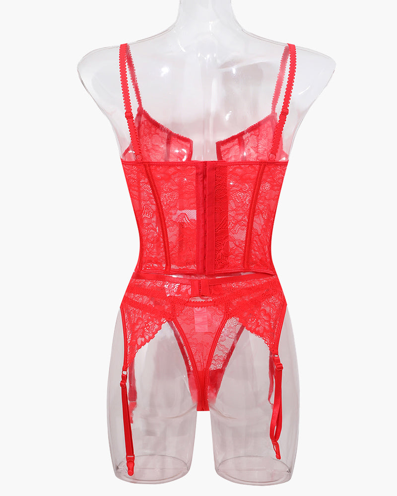 Red lace push-up corset bra and panty set with garter straps, sweet and seductive lingerie for women