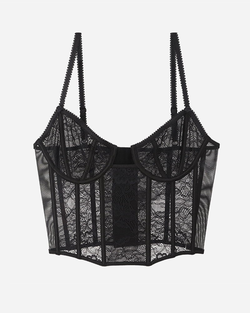 Black lace push-up corset bra with adjustable straps and underwire, sweet yet seductive design
