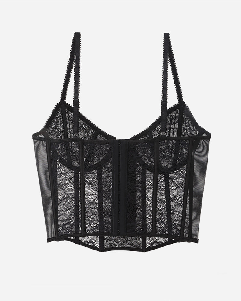 Black lace push-up corset bra with adjustable straps and underwire support