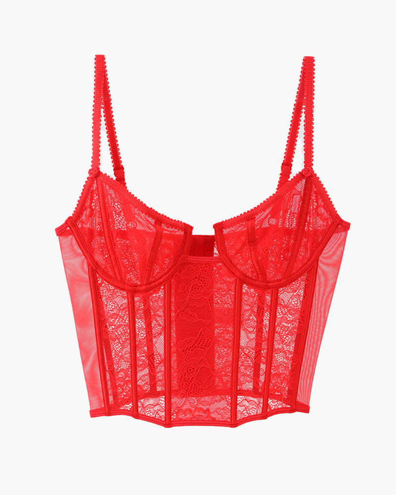 Red lace push-up corset bra with adjustable straps, perfect for a sweet yet seductive look